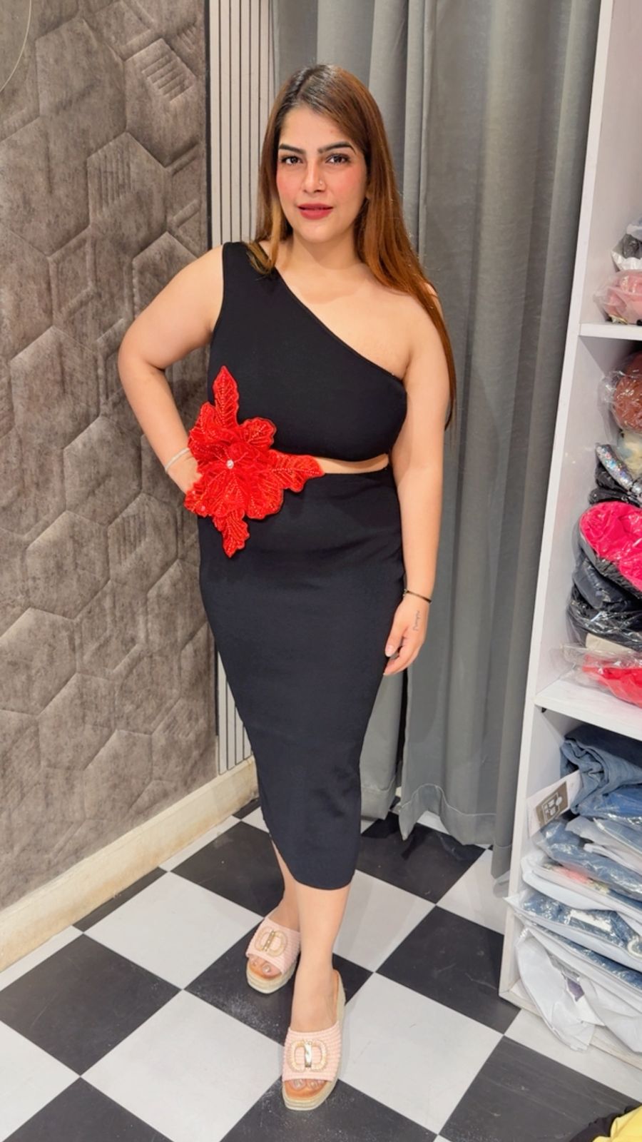 One Shoulder Red Flower Dress LC77