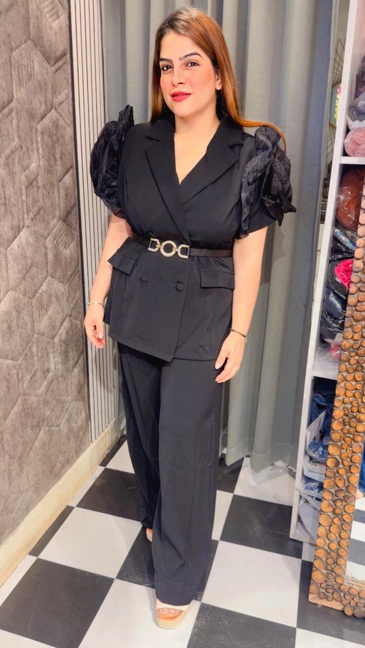 Premium Blazer Co-Ord Set with 3D Flower Sleeves Belt Included LC93