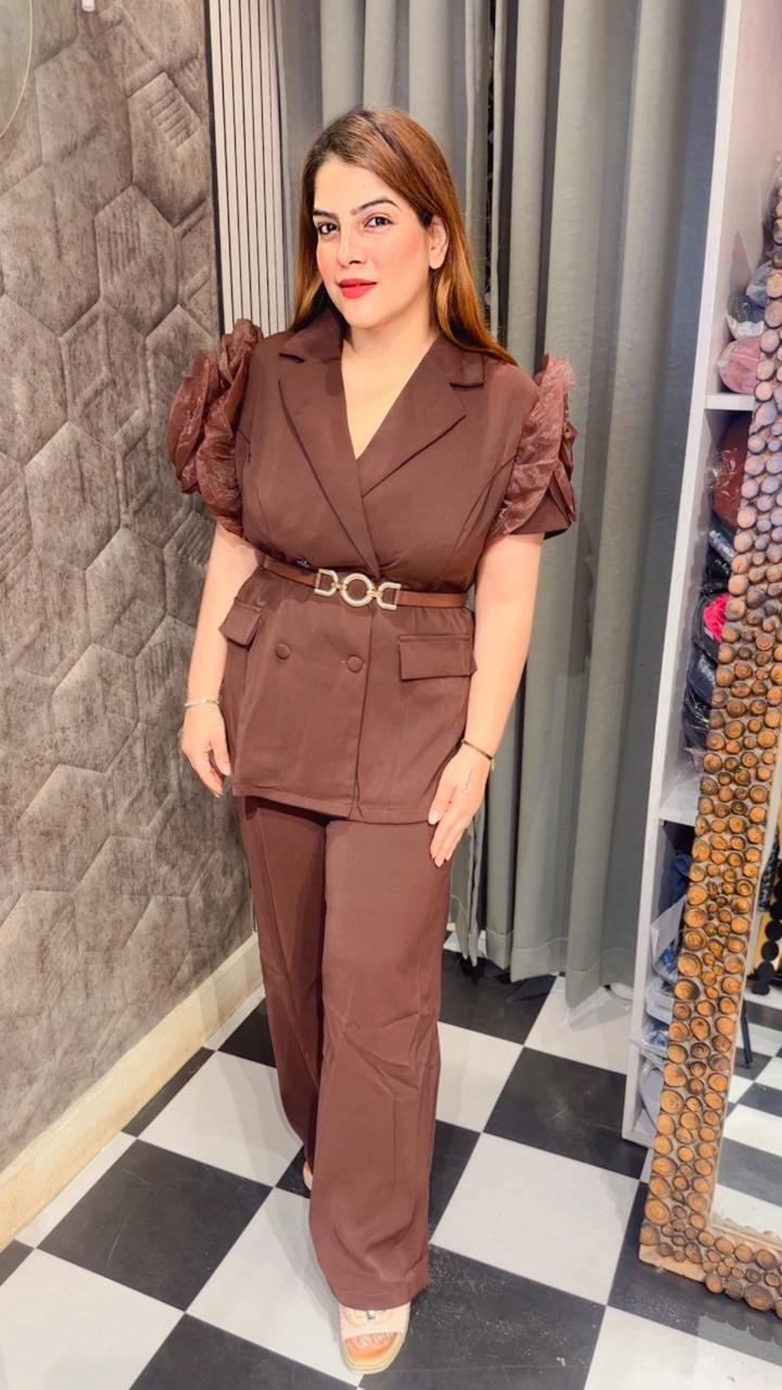 Premium Blazer Co-Ord Set with 3D Flower Sleeves Belt Included LC93