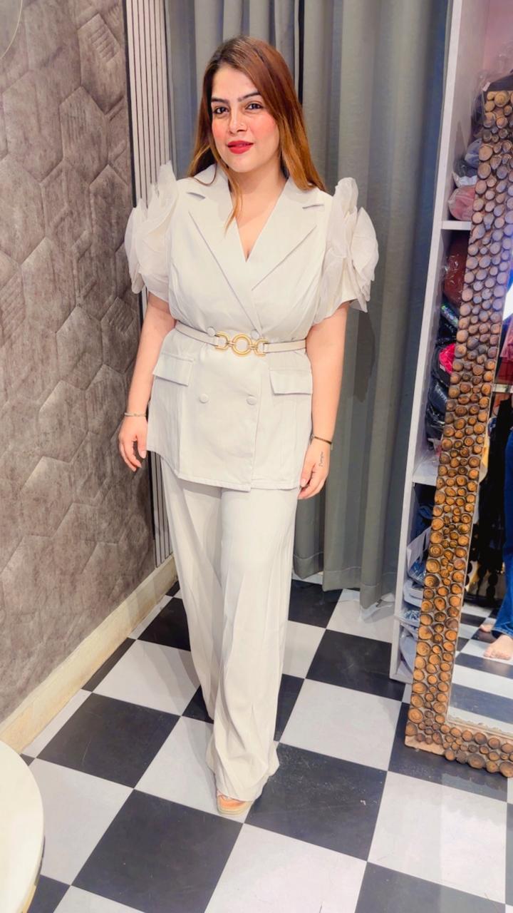 Premium Blazer Co-Ord Set with 3D Flower Sleeves Belt Included LC93