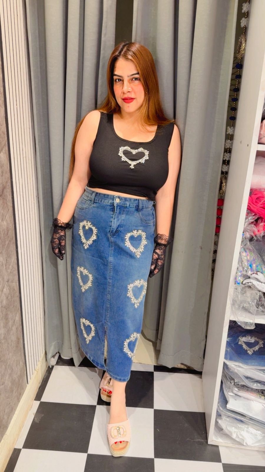 Denim Long Skirt With Studded Hearts  LC159