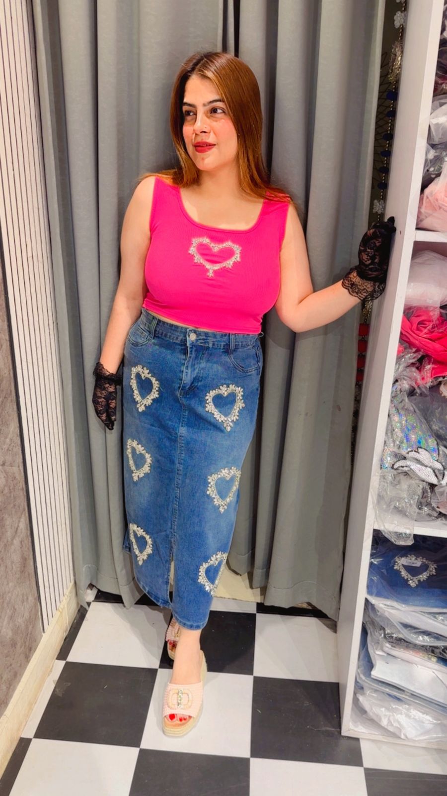Denim Long Skirt With Studded Hearts  LC159
