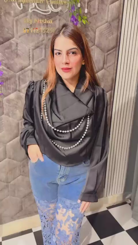 Satin Cowl Pattern Top With Pearl Detailings LC72